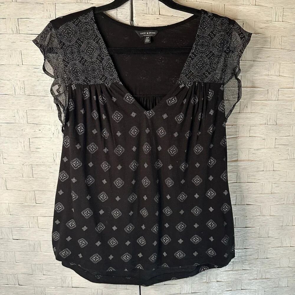 Lucky Brand black bohemian top, flutter sleeves, white dots, v-neck, hippie